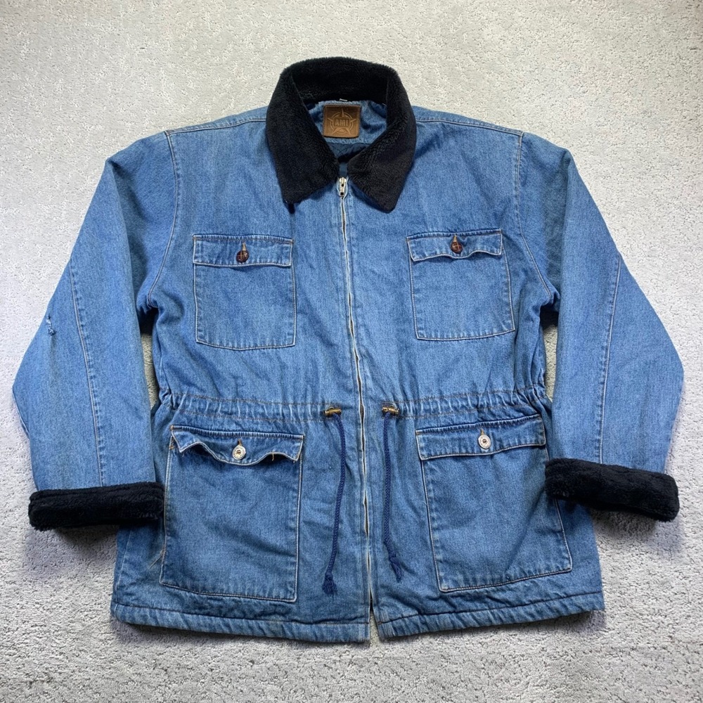 Vintage AMI Denim Jacket Womens XL‎ Drawstring Waist Pockets Black Faux Fur Trim